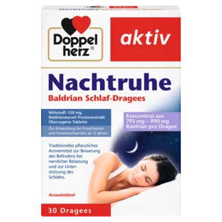 Abbildung der Produktverpackung Doppelherz aktiv Nachtruhe Baldrian Schlaf-Dragees Frontansicht